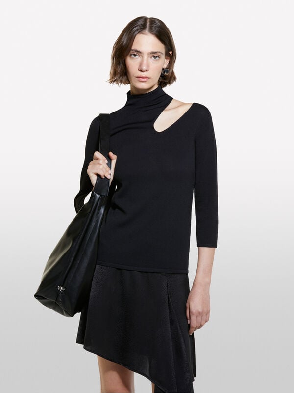 Pull noir à ouverture - pulls col montant pour femme | Sisley