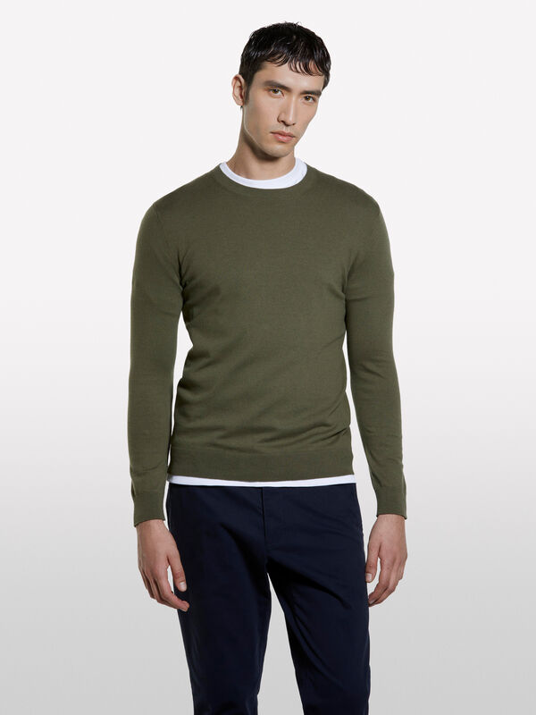 Pull ras du cou vert olive - pulls col rond pour homme | Sisley