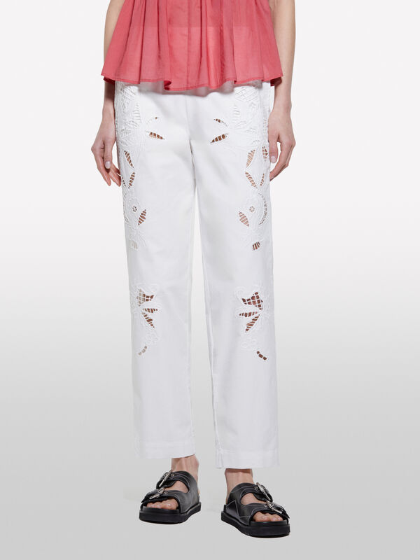 Pantalon blanc avec broderie - pantalons regular pour femme | Sisley