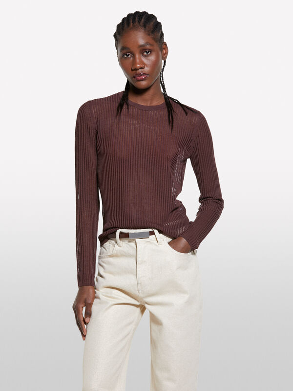 Pull marron semi-transparent - pulls col rond pour femme | Sisley