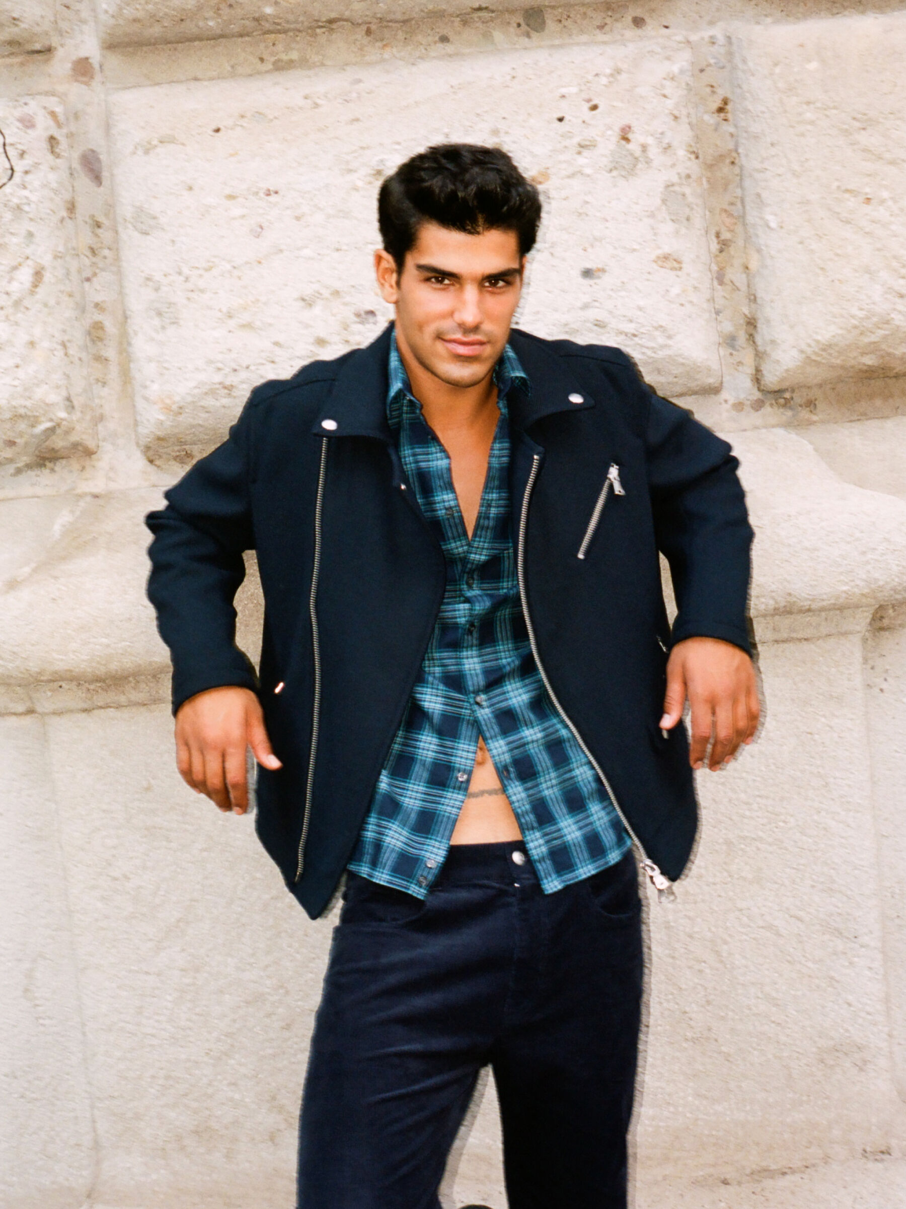 Blouson biker en laine m lang e Bleu Fonc Sisley