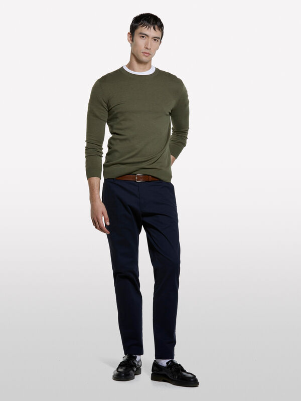 Pull ras du cou vert olive - pulls col rond pour homme | Sisley