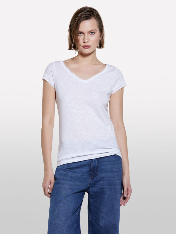 T-shirt blanc à col en V - t-shirts à manches courtes pour femme | Sisley