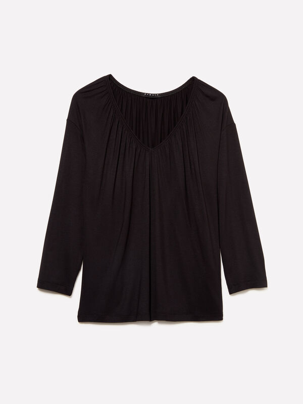 T-shirt noir à fronces - t-shirts à manches longues pour femme | Sisley
