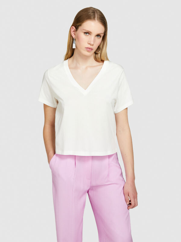 T-shirt 100 % coton bio à col en V - t-shirts à manches courtes pour femme | Sisley