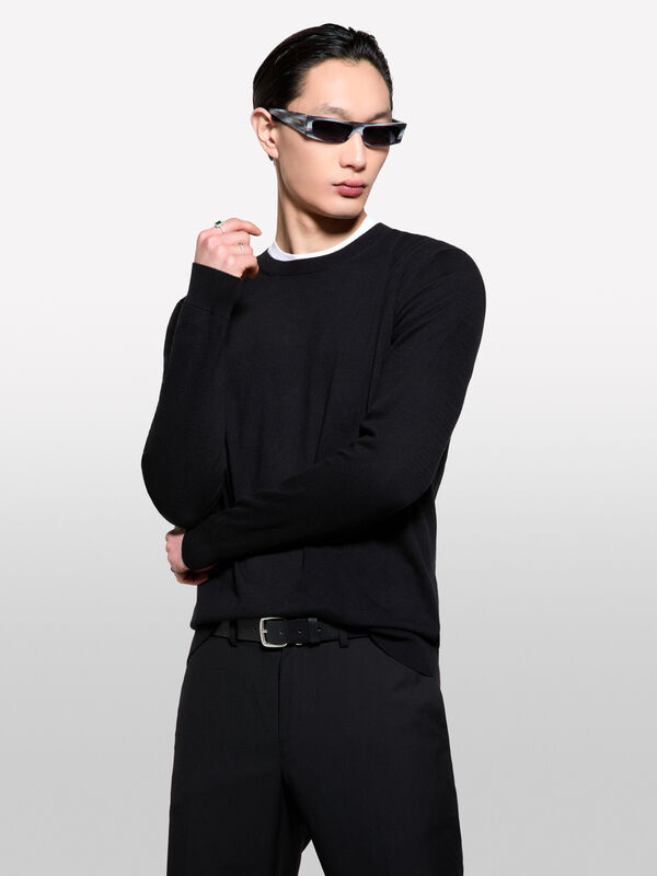 Pull coupe regular noir - pulls col rond pour homme | Sisley