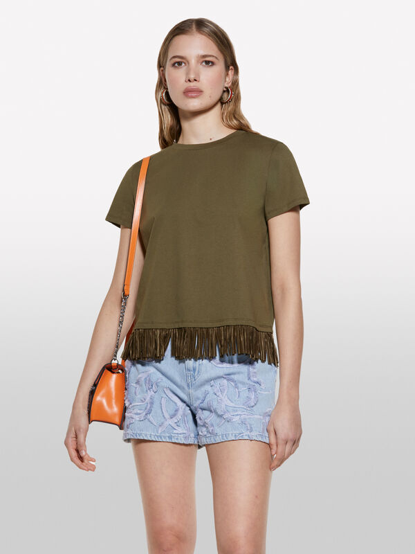 T-shirt vert militaire avec franges sur le bas - t-shirts à manches courtes pour femme | Sisley