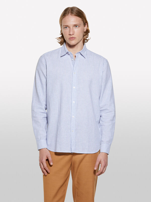 Chemise rayée en lin mélangé bleu clair - chemises regular pour homme | Sisley