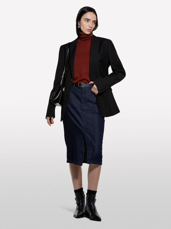 Pull col roulé rouge brique en laine mélangée - pulls col montant pour femme | Sisley