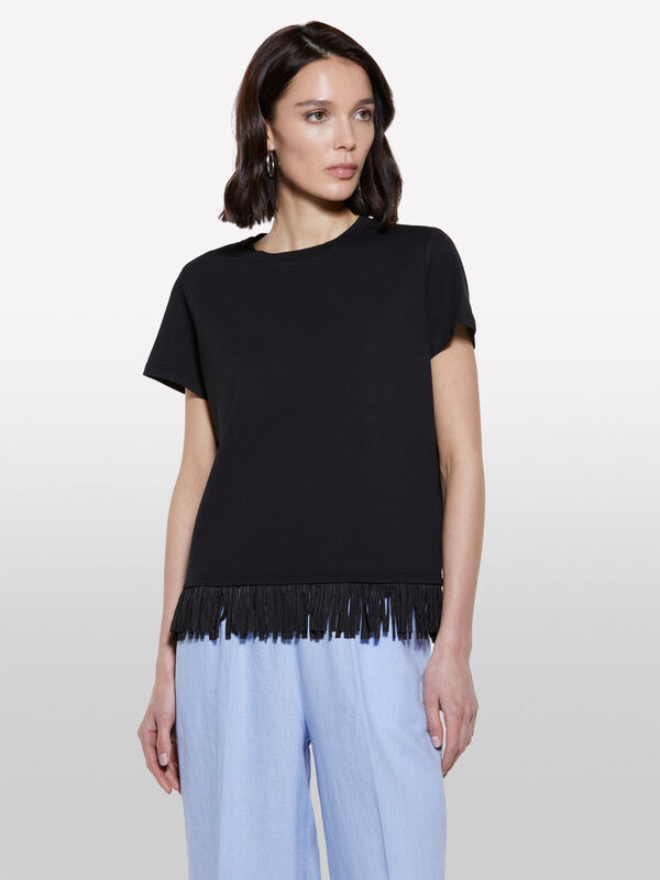 T-shirt noir avec franges sur le bas - t-shirts à manches courtes pour femme | Sisley