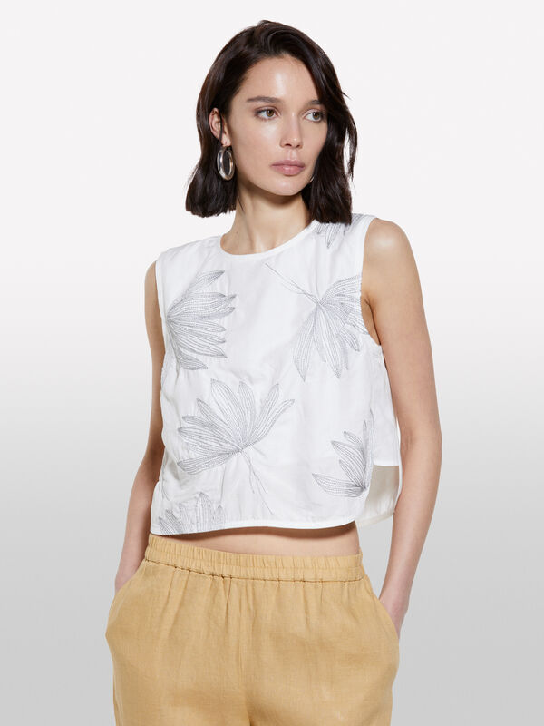 Top blanc avec broderie feuillage - hauts pour femme | Sisley