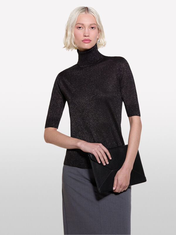 Pull noir à col montant et manches courtes - pulls col montant pour femme | Sisley