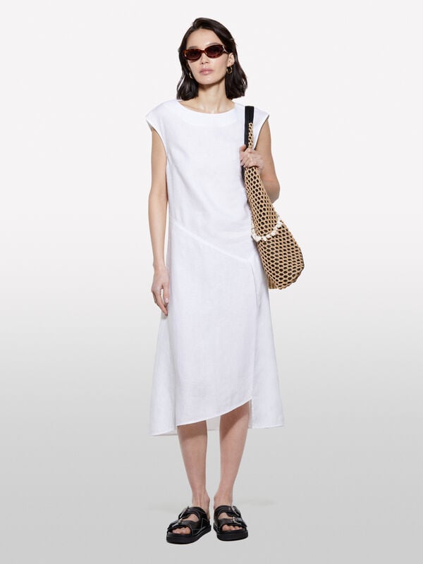 Robe blanche en 100% lin - robes midi pour femme | Sisley