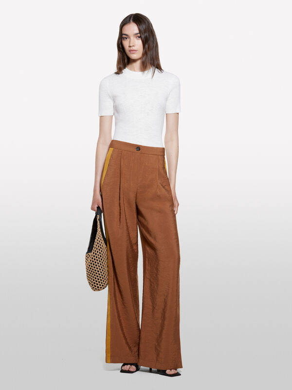 Pantalon marron effet froissé - pantalons palazzo pour femme | Sisley