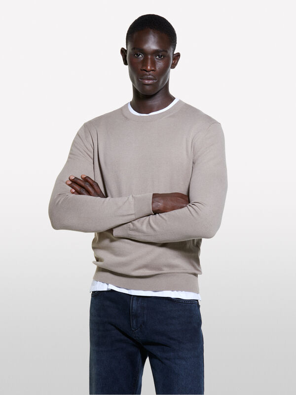 Pull uni marron - pulls col rond pour homme | Sisley