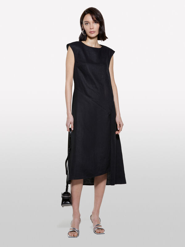 Robe noire en 100% lin - robes midi pour femme | Sisley