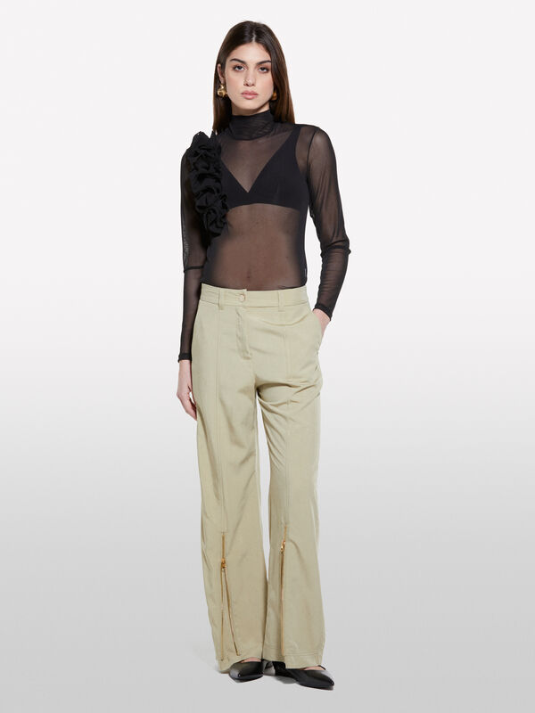 Pantalon palazzo vert militaire zippé - pantalons palazzo pour femme | Sisley