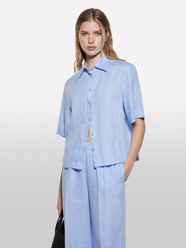 Chemise bleu clair à manches courtes en 100% lin - chemises pour femme | Sisley