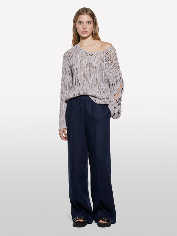 Pantalon coupe flare bleu foncé en 100% lin - pantalons palazzo pour femme | Sisley
