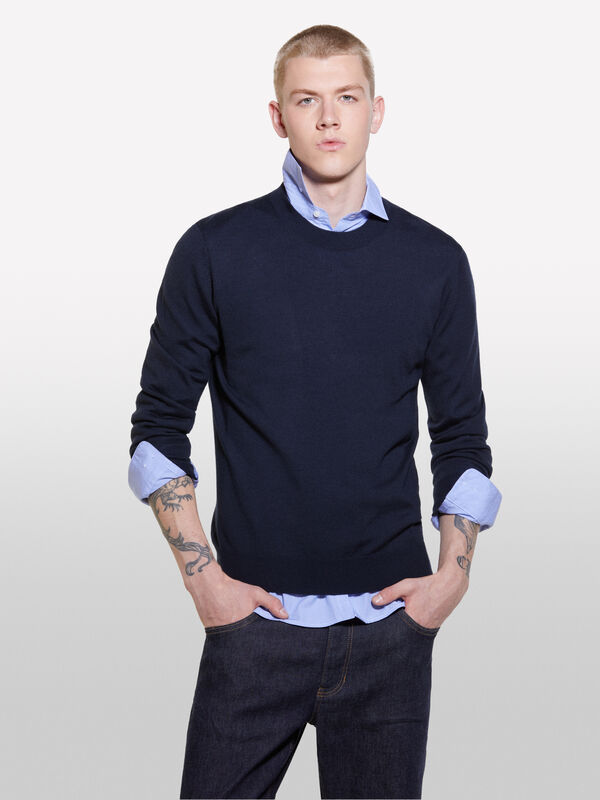 Pull bleu foncé en laine mélangée - pulls col rond pour homme | Sisley