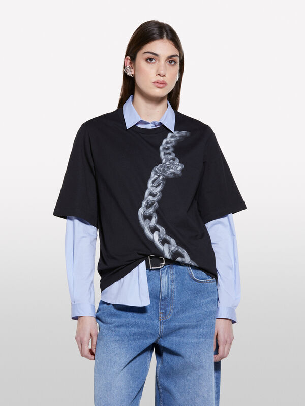 T-shirt noir à imprimé chaîne - t-shirts à manches courtes pour femme | Sisley