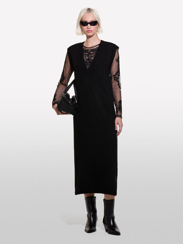 Robe sans manches noire en maille - robes longues pour femme | Sisley