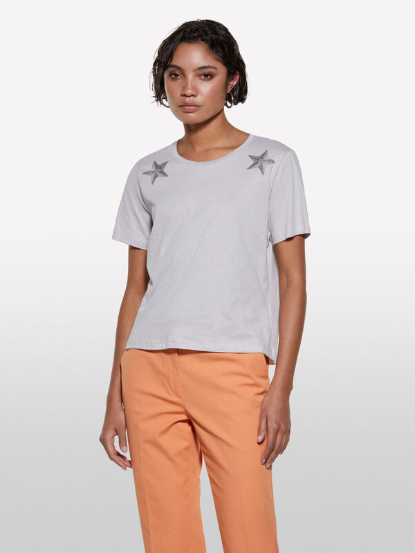 T-shirt gris imprimé étoiles - t-shirts à manches courtes pour femme | Sisley