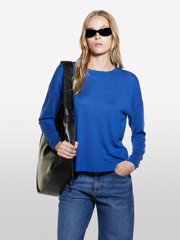 Pull bleu en soie mélangée - pulls col rond pour femme | Sisley