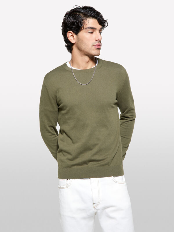 Pull coupe regular vert militaire - pulls col rond pour homme | Sisley