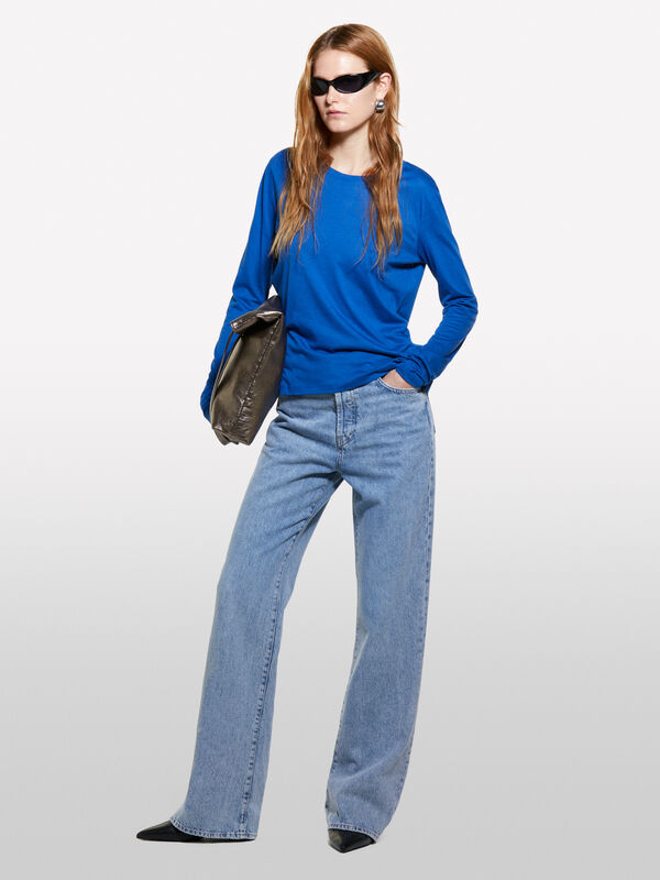 T-shirt bleu à col rond et manches longues - t-shirts à manches longues pour femme | Sisley