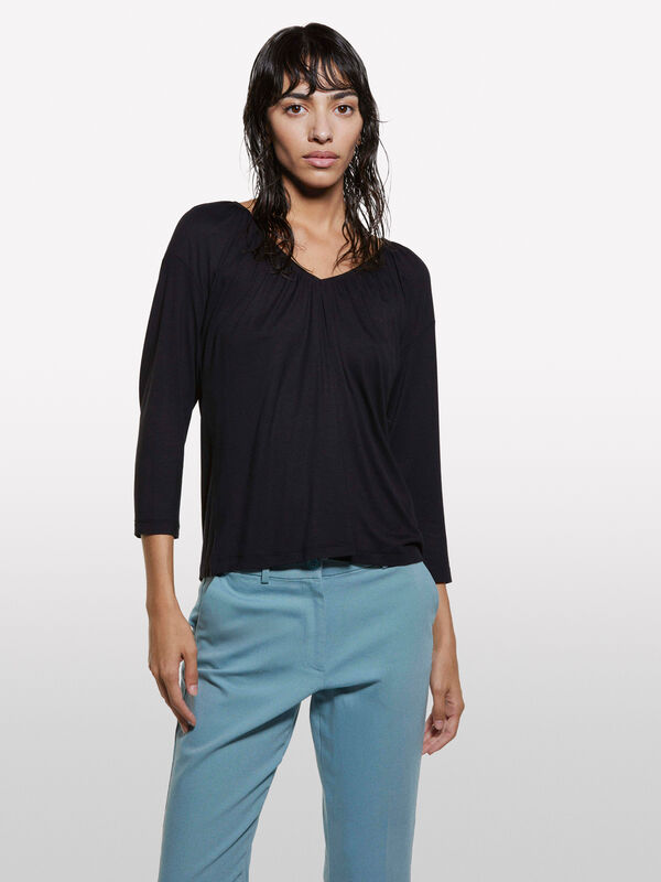 T-shirt noir à fronces - t-shirts à manches longues pour femme | Sisley