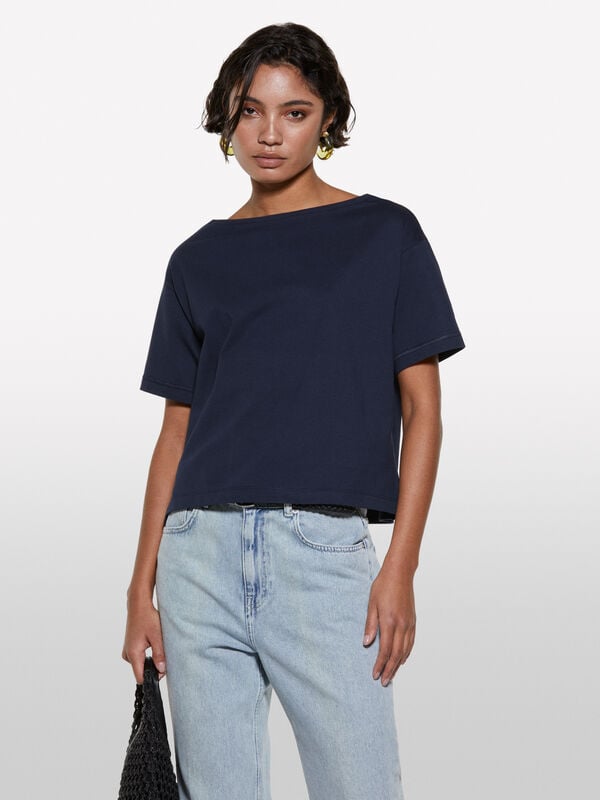 T-shirt court bleu foncé coupe boxy - t-shirts à manches courtes pour femme | Sisley