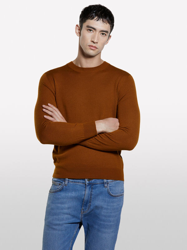 Pull en laine mélangée marron foncé - pulls col rond pour homme | Sisley