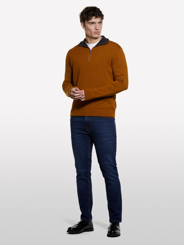 Pull camel avec zip Pull camel avec zip - pulls col montant pour homme | Sisley