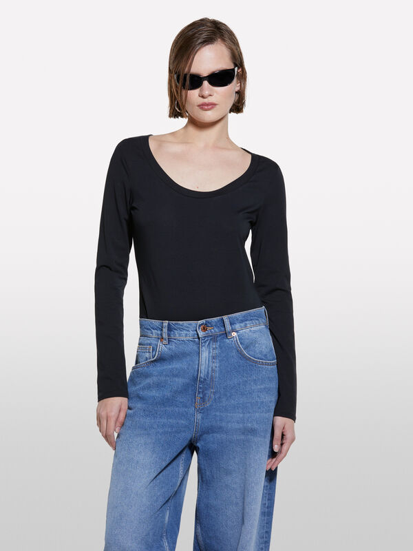 T-shirt ajusté noir - t-shirts à manches longues pour femme | Sisley