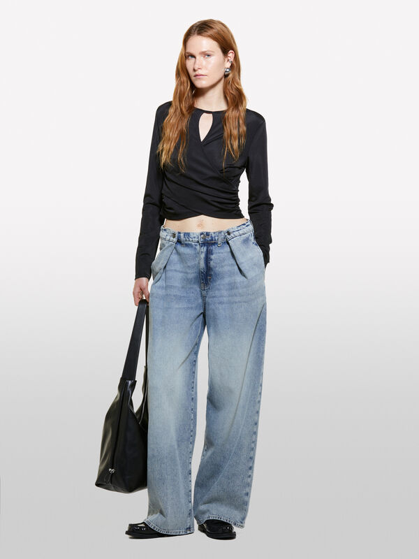 Jeans wide leg bleu à détails plissés - jeans palazzo pour femme | Sisley