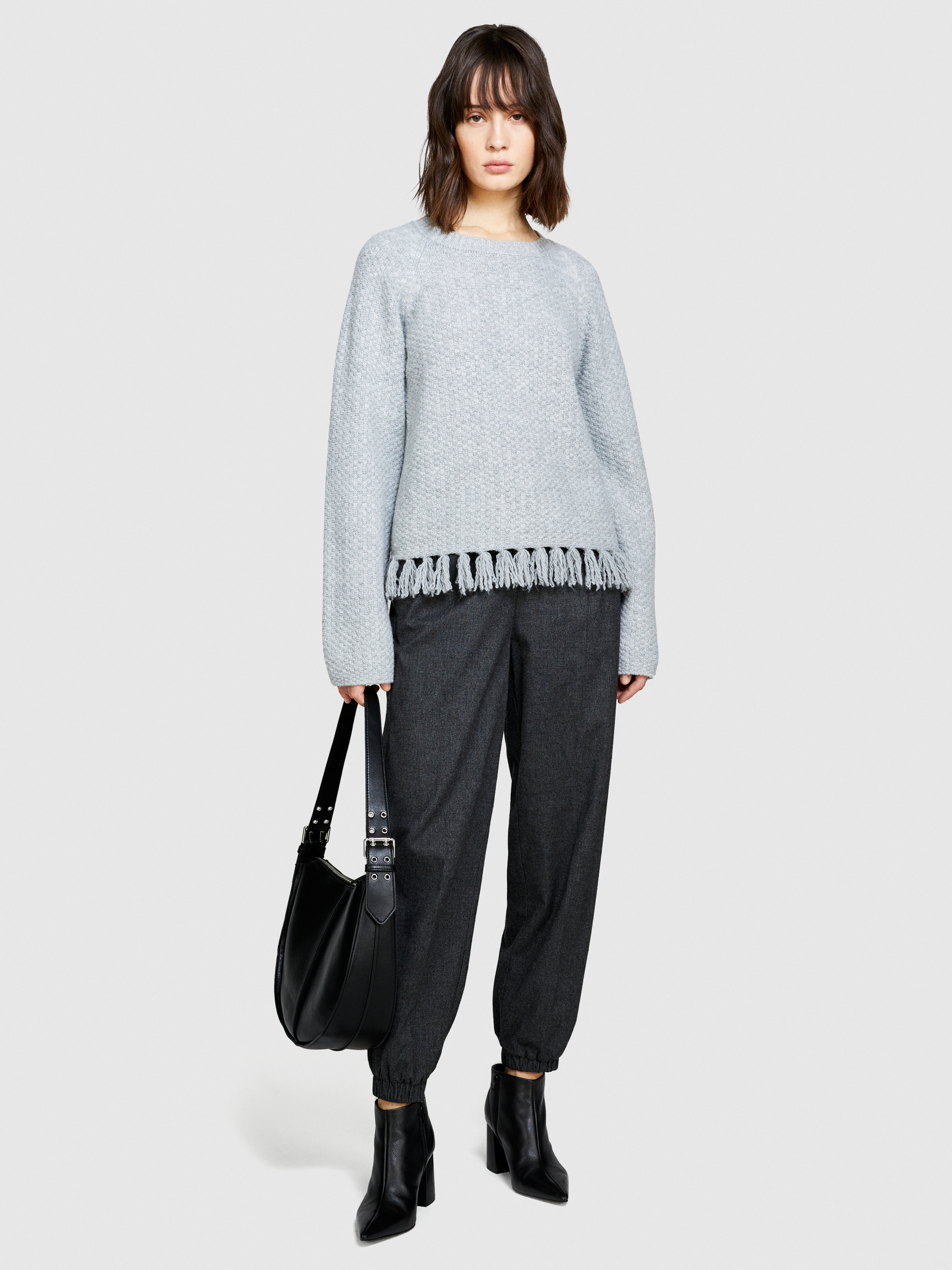 Sisley - Sweater With Fringe, Woman, Light Gray, Size: M