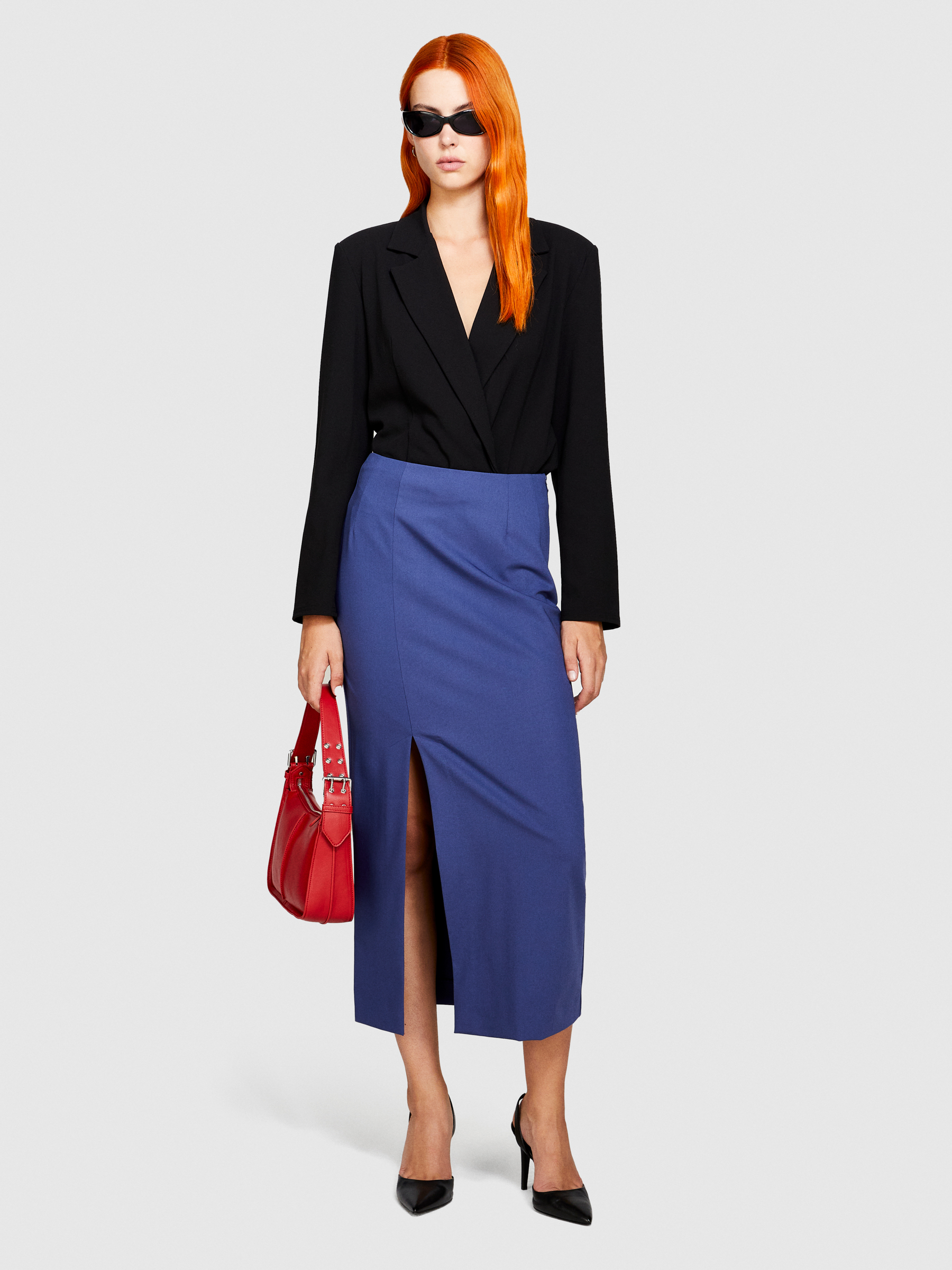 Sisley - Midi Skirt With Slit, Woman, Dark Blue, Size: 46